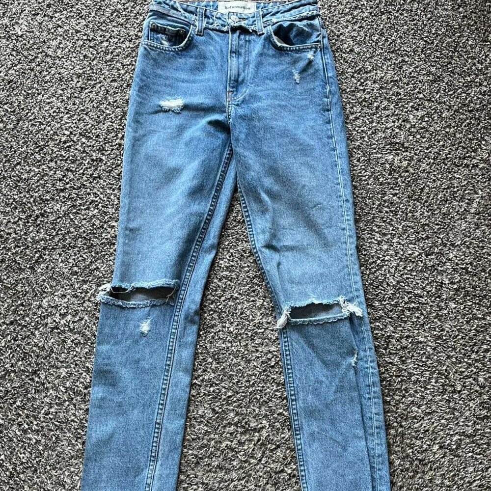 Reformation Blue Denim Jeans Women Size 23 Y2K School Distressed Preppy Feminine